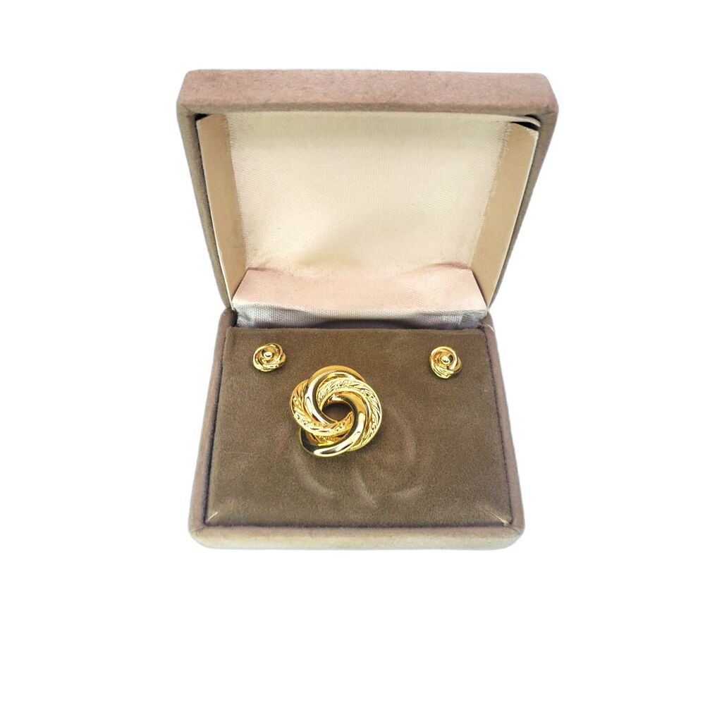 Gold Earrings Tack Pin Set NOS Original Box Love Knot New In Box 1970s 70s VTG